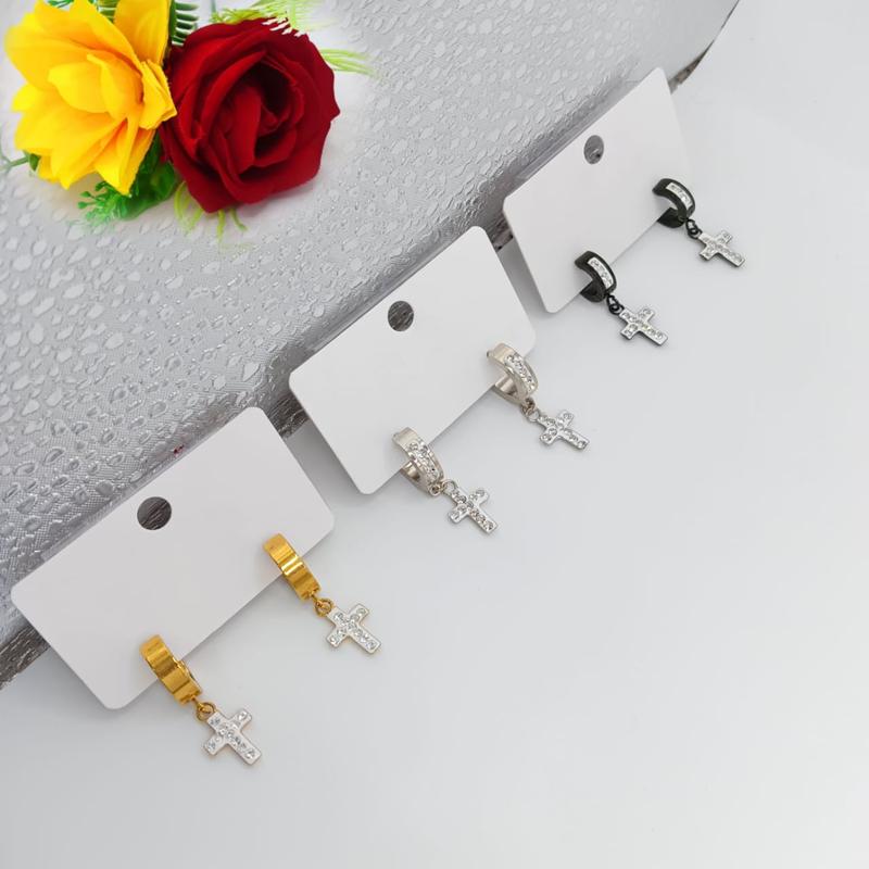 Anting Jepit Salib Permata Diamond Mewah Elegant Titanium Stainless Steel 4