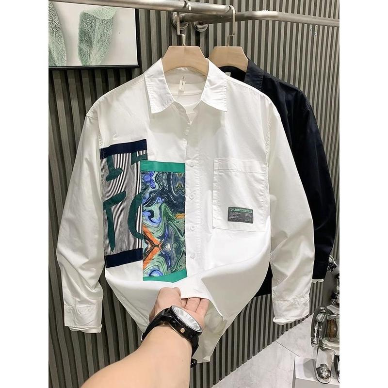 Áo Sơ Mi Sang Trọng Giá Cả Phải Chăng Cho Nam, Hàng Châu Âu Hợp Thời Trang, Thương Hiệu Đầu Xuân Và Mùa Thu, Cao Cấp, Dài Tay, In Ấn, Áo Khoác Ruoshuai Sành Điệu, Quần Áo.,Menswear,Trắng