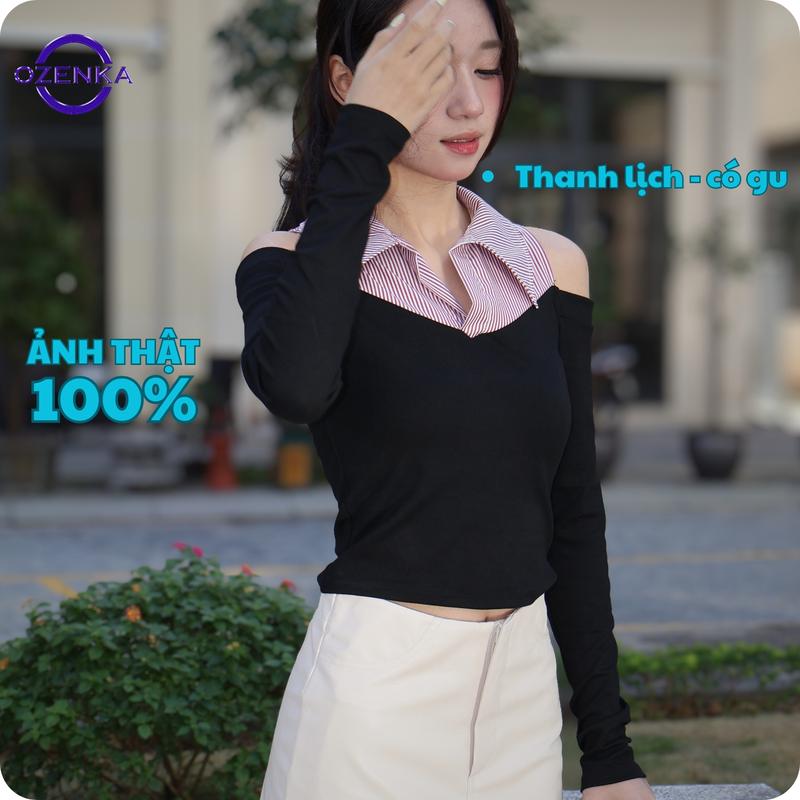 Áo Babytee Croptop Nữ OZENKA Cổ Sơ Mi Kẻ Tay Dài Ôm Body - Áo Thun Kiểu Polo Hack Dáng Mặc Đi Học Đi Chơi