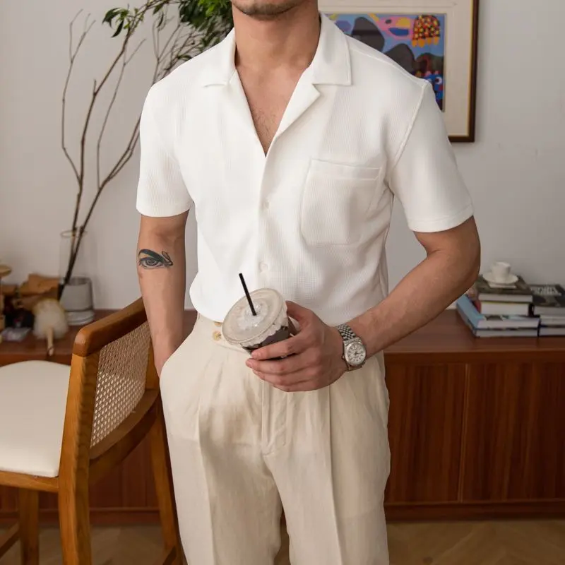Men's Waffle Short-Sleeved Shirt Casual Loose Korean Ins Cuban Collar V-neck Shirt Top zyq122
