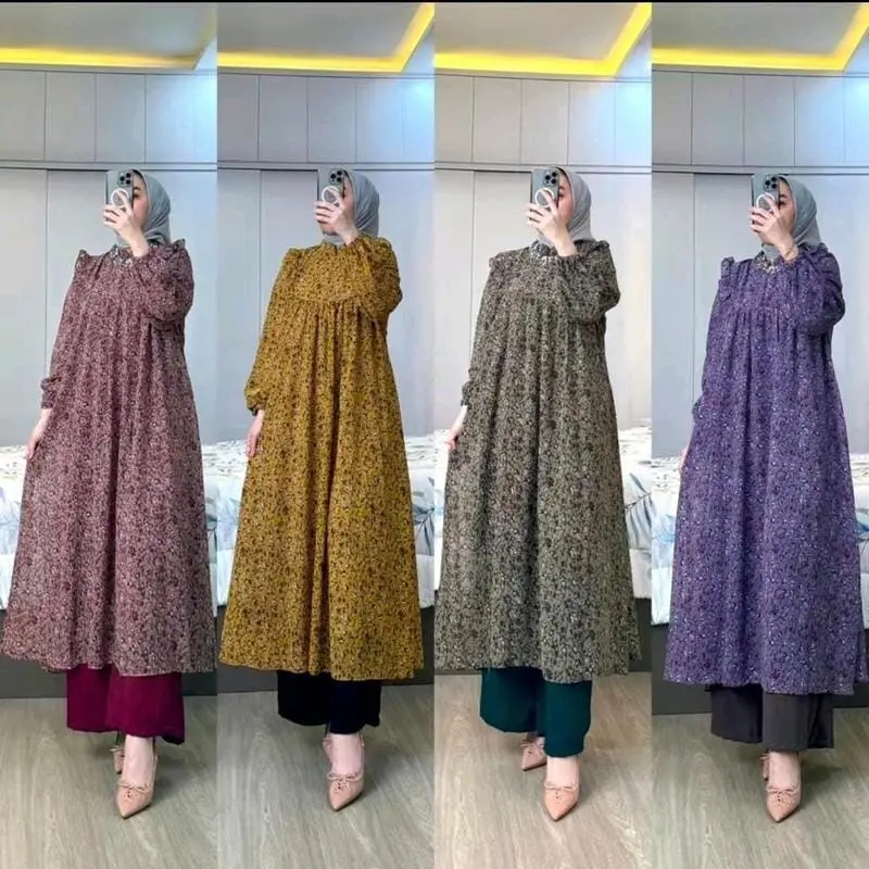 One Set Long Bunga Kecil Ceruty Premium Celana Kulot Airflow Polos Fashoin Wanita Outfit Muslimah Model Terbaru Ootd Kondangan Hijabers Kekinian Busui Frindly Karet Muslim Tunik