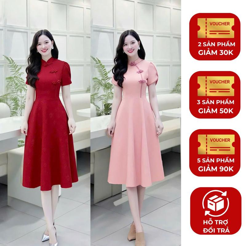 Đầm váy cổ tàu nữ thiết kế Nhật Vy tay ngắn form chiết eo dáng xoè dự tiệc mặc tết chụp ảnh - D3232