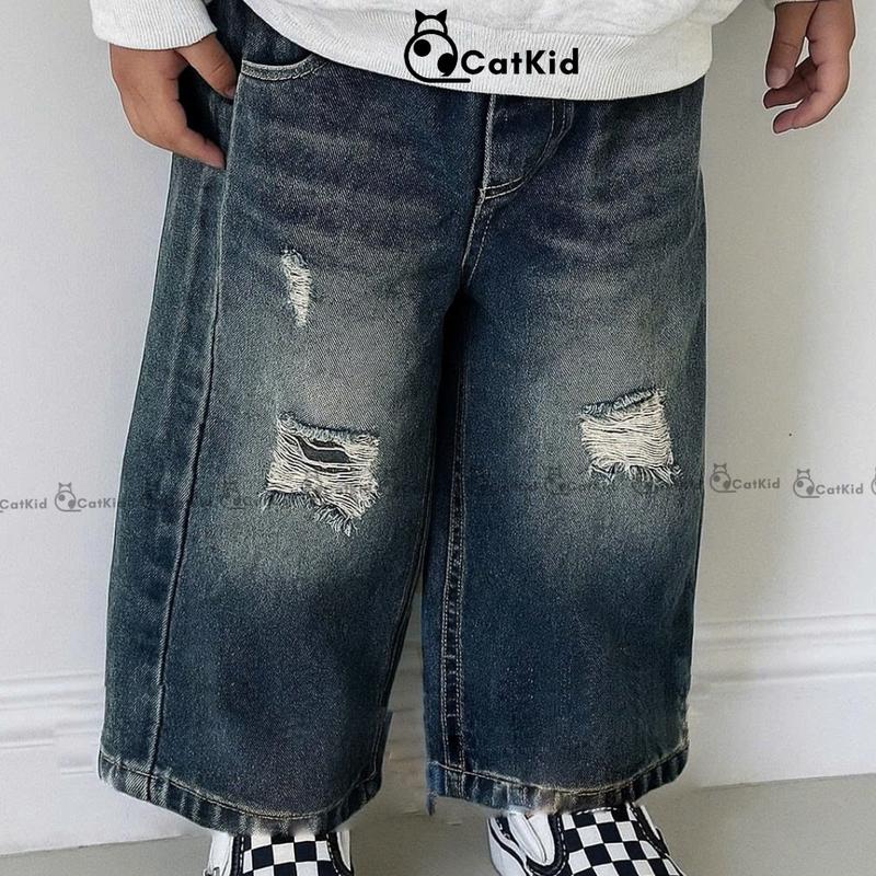 Quần jeans ống rộng quần jean ống xuông thiết kế rách cho bé trai phong cách Hàn Quốc cho bé từ 9-20kg