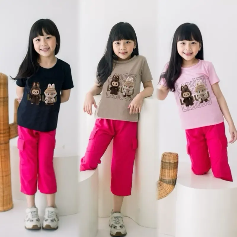 Setelan Celana Cargo Baju Labubu Anak Perempuan Umur 3-10 Tahun Fashion
