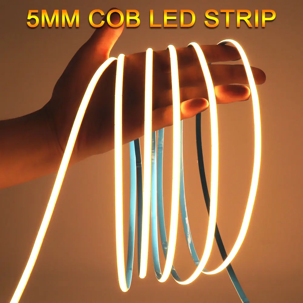 COOLEEON COB LED Strip Light 5mm 12V 24V Dimmable 400LEDs/m High Brightness No Light Spots Lighting Blue Red Warm White Color for Bedroom Decoration