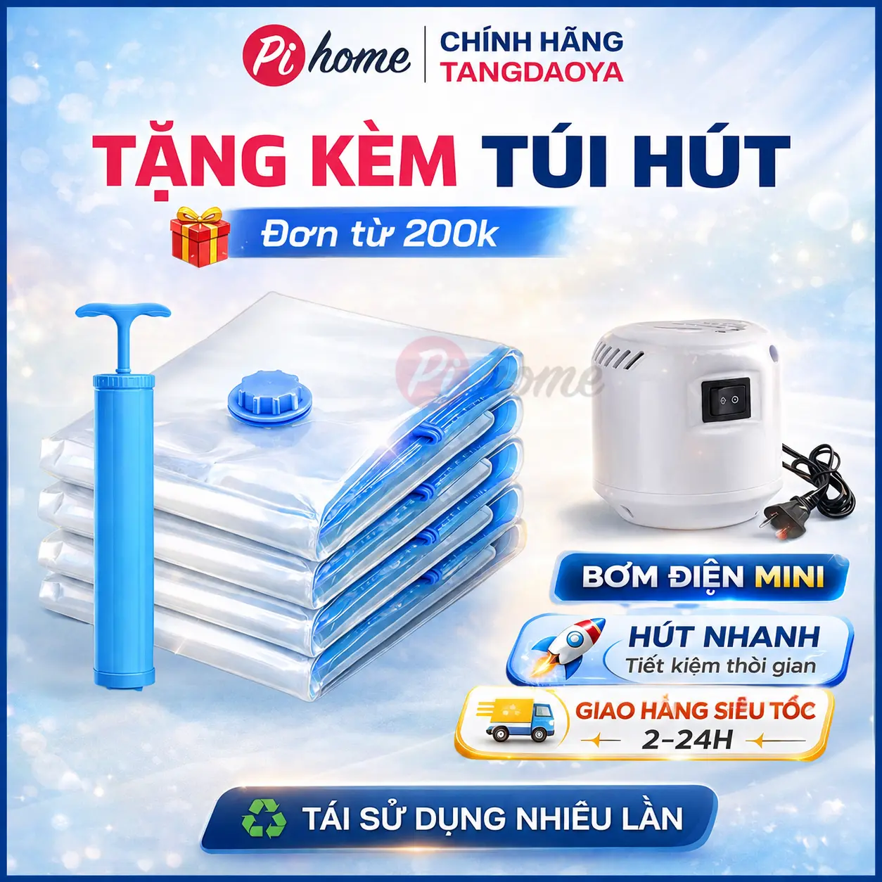 Túi hút chân không đựng quần áo PIHOME. Túi đựng đồ quần áo hút gọn công nghệ Nhật, chất liệu PA-PE bền dày