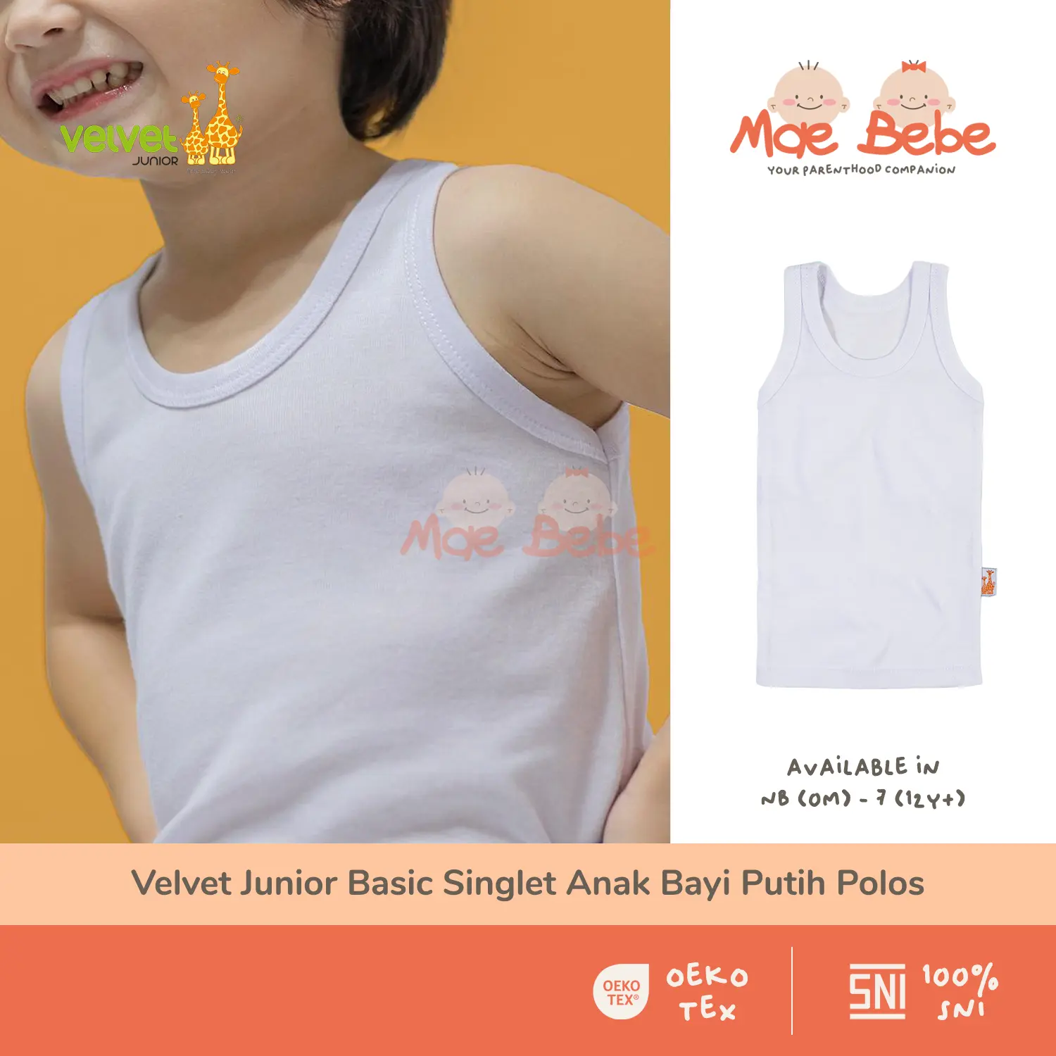 Velvet Junior Basic Singlet Kaos Dalam Katun Bayi dan Anak Putih Polos