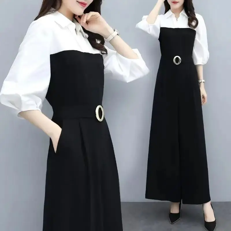 Jumpsuit Casual Panjang Warna Hitam Putih Polos Elegan Victorian Style Korea Wanita M239