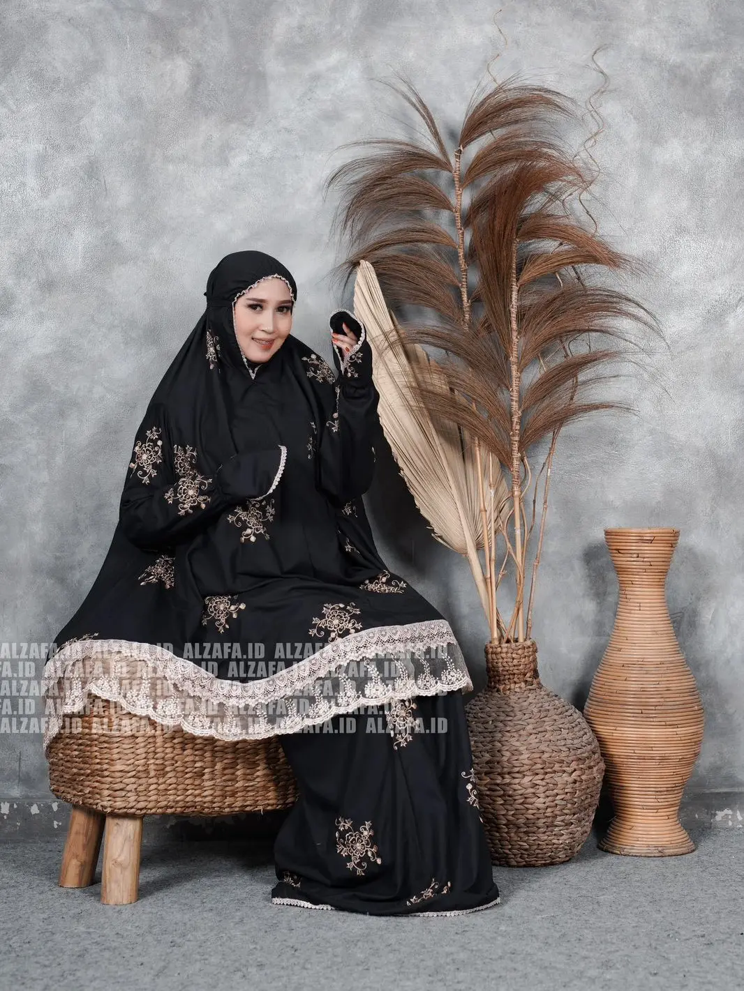 Mukena Dewasa Potongan Berlengan Mikro Warna Renda Susun Muslim Katun