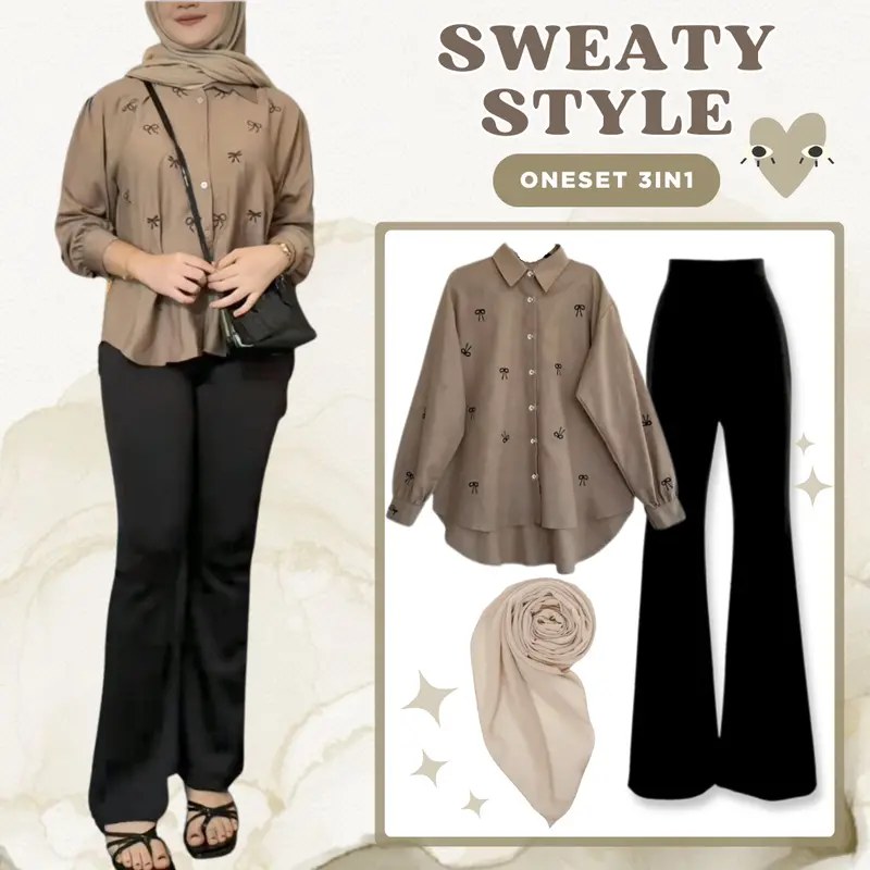 One Set Wanita Hijab OOTD Kekinian 3 in 1 ( Kemeja Pita + Cutbray + Jilbab Bella Square ) Baju Setelan - LT064 Linen Casual Remaja Muslim Nyaman 0