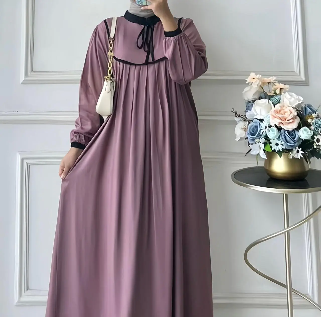 Gamis Wanita Bahan Polo Linen Polos Kombinasi - Gamis Dress Lebaran Simpel Elegan - Gamis Tali