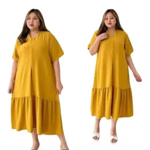 fuji dress ala korea long tunik remaja wanita dress busui crinkle airflow big size terbaru Nyaman Midi Casual Kerah Santai Tangan pendek Kaki Panjang Gaun Kondangan Kimono
