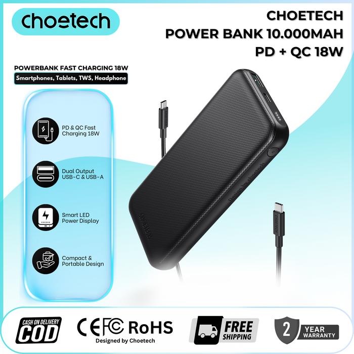 Gambar CHOETECH B627 10,000 mAh Power Bank – Dual Fast Charging PD + QC 18 W USB‑C/USB‑A, Smart LED Display, Compact Portable Battery Pack dari Choetech Indonesia Store Kota Tangerang Tokopedia