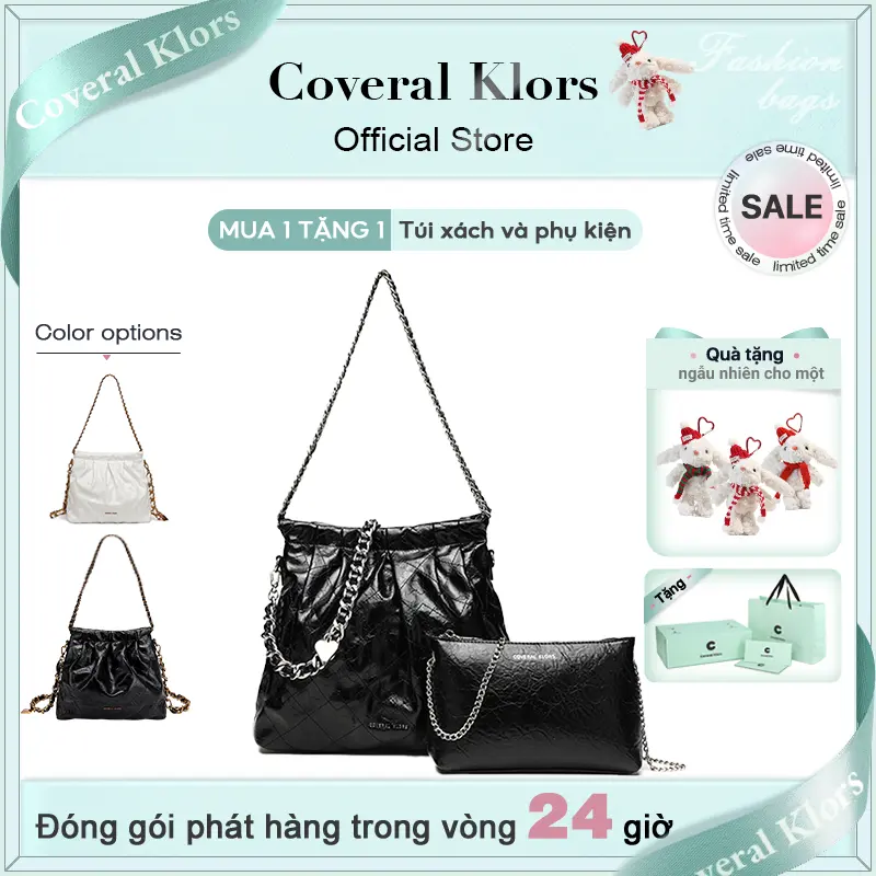 MUA 1 TẶNG 1 (Túi xách nhỏ) COVERAL KLORS -【đóng gói hộp quà tặng】không gian rộng lớn, Túi đeo chéo màu đen cho nữ , da bóng, họa tiết tinh tế, thiết kế kẻ caro cổ điển của Pháp, túi đeo vai màu trắng thanh lịch và ấn tượng, Túi xách nữ.