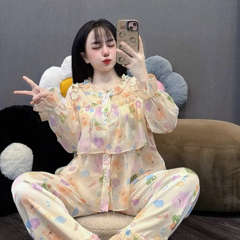 [Tay dài tiểu thư latin phối voan 03] Đồ bộ Pyjama nữ Tay dài tiểu thư 2 tầng lụa latin phối voan tơ cao cấp nhiều màu xinh Women 4