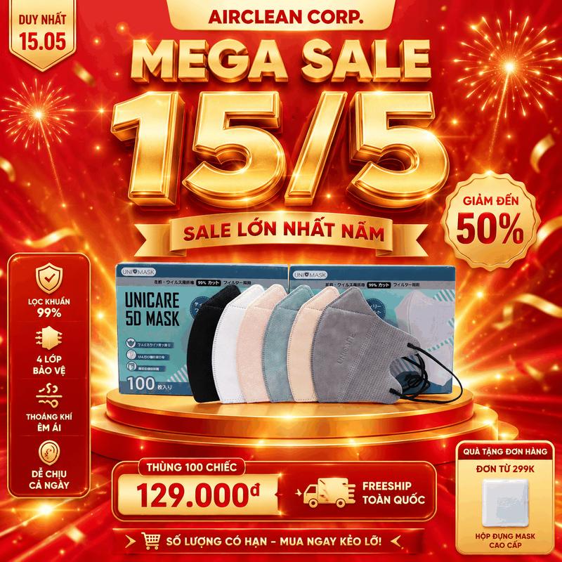 Thùng 100 Chiếc Khẩu Trang 5D UNICARE 3 Lớp Kháng Khuẩn