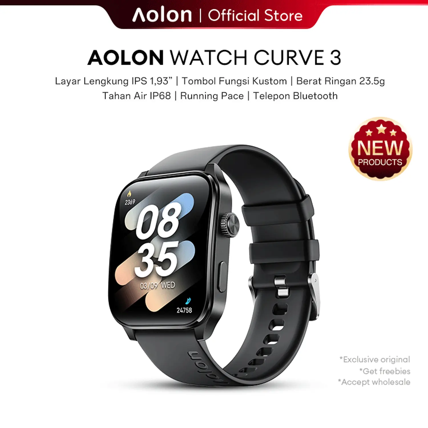 Aolon Curve3 Smart Watch Baru 22g Tali | Bingkai Zinc Alloy | Kecepatan Lari | Layar IPS 1.93 Inci 3D Melengkung | Panggilan Bluetooth | Wallpaper Kustom | Pengawasan Kesehatan Jam Tangan Pintar Smartwatch