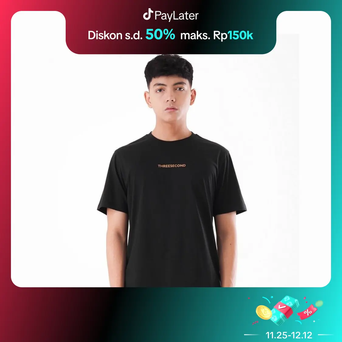 3Second Kaos Pria Regular Fit Basic Logo Script Ultra Absorb OL-C450723 Baju Hitam Katun Combed
