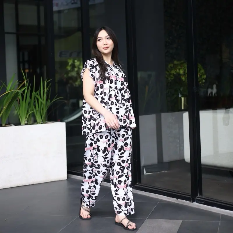 [DasterHitsMalang] One Set Aura Celana Panjang Lengan Rempel Lengan panjang Kancing Katun Rayon Baju Karet Wanita Setelan Pendek Motif Atasan Piyama 5