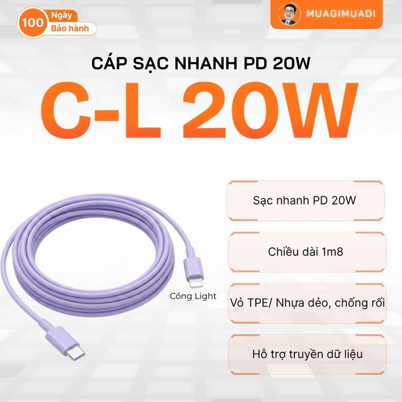 LoVu Cáp sạc nhanh C to L PD20W, Chiều dài 1m8, Truyền dữ liệu 480Mbps - Phụ…