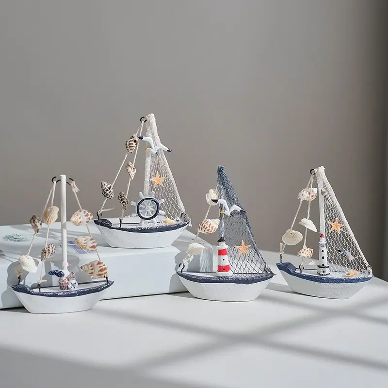Dekorasi Perahu Kresek Cangkang Gaya Mediterania Model Berlayar Kayu Ornamen Kecil Perahu Kerajinan Kreatif Anak-anak