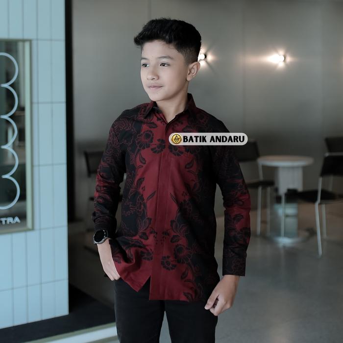 Batik Andaru Kids Motif Hawari Baju Kemeja Anak SlimFit Lengan Panjang Modern Elegant Simpel Couple Ayah Anak Laki Laki Bahan Katun Premium Lapis Furing Erro Warna Merah Maroon