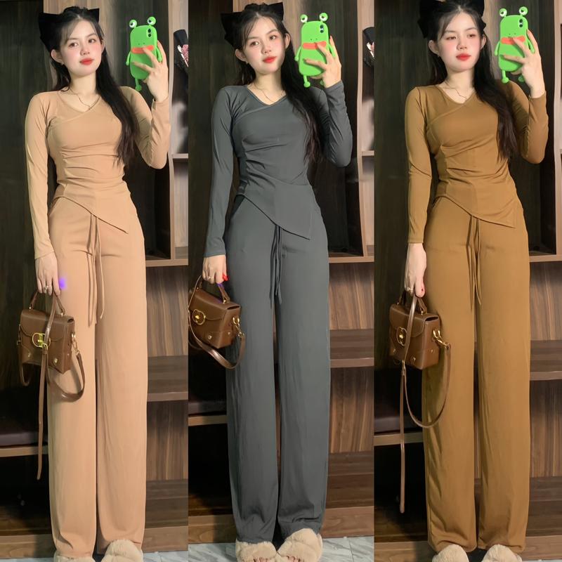 Bộ Thun Tăm Lạnh Phom Quần Xuông Kem Top Voi Áo Tay Dài Nữ Nhung Women Màu Nâu Xám Đen Phù Hợp Với Phụ Nữ