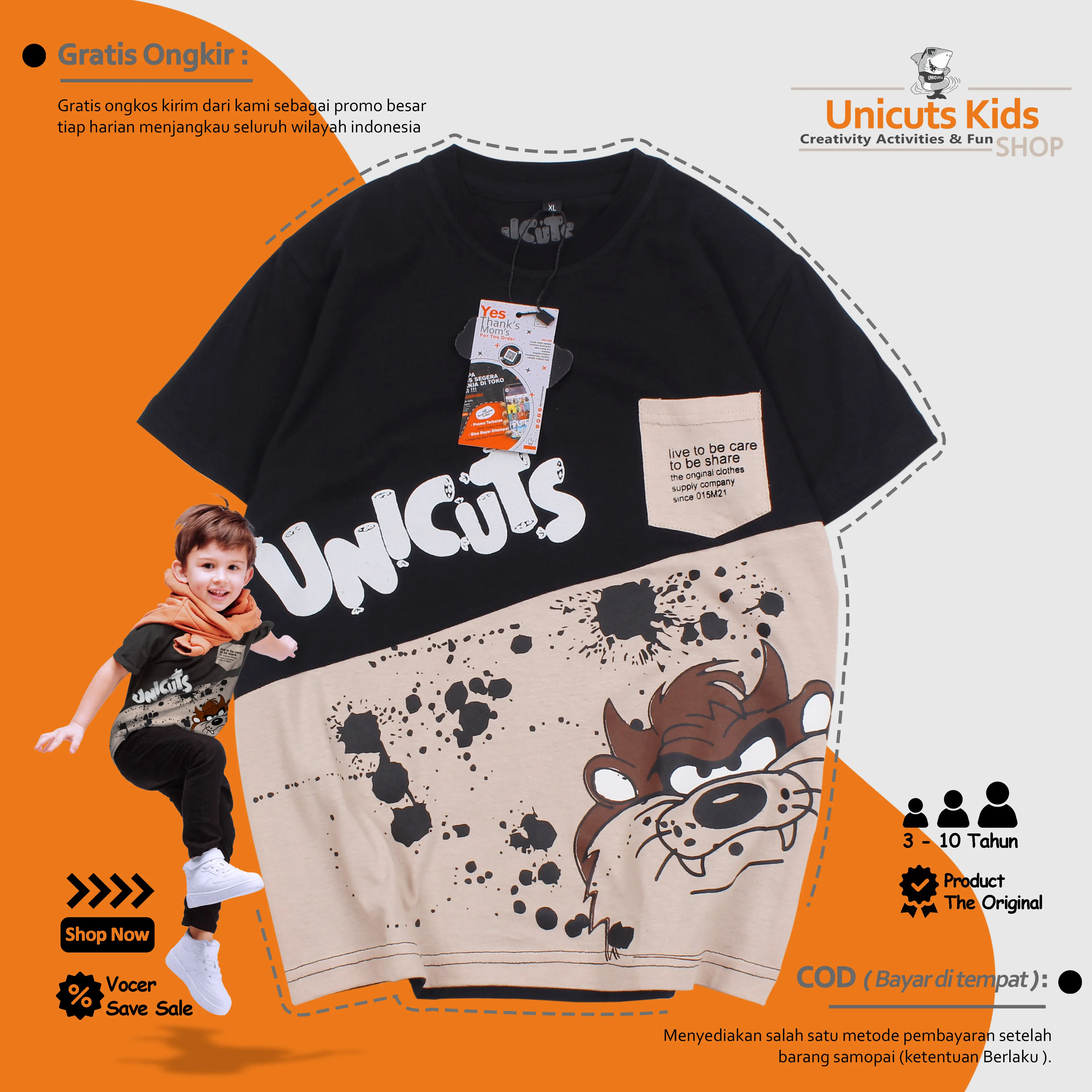 Kaos Anak Laki Laki Dan Perempuan / Kaos Anak Tazmania Gradasi Hitam Putih  3 Sampai 10 Tahun Fashion Katun