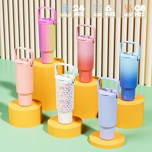 【 MEOKY Cup 】Stainless Steel Insulated Tumbler – Large Capacity, Reusable Travel Mug with 2-in-1 Lid, Ergonomic Handle & Straw, Car Cup Holder Compatible (Hand-Woven Strap), Long-Lasting Heat Retention for Office, Coffee & Commuting