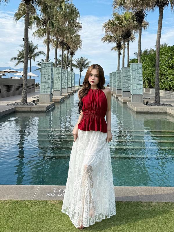 Set áo đũi cổ yếm buộc dây lưng chân váy ren tầng xòe lưng chun Ảnh thật/Sẵn