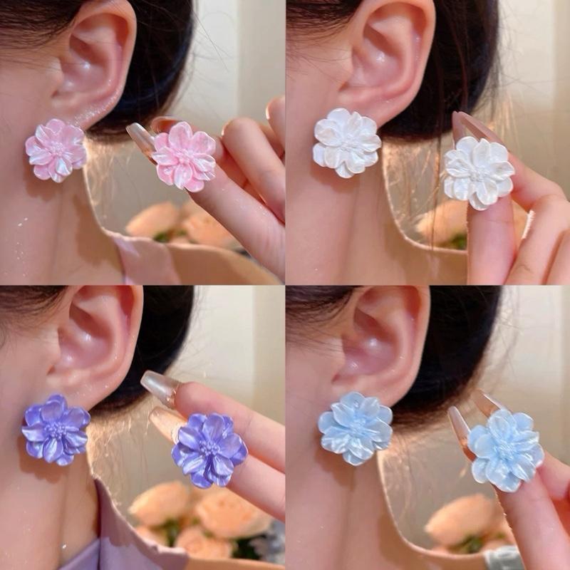  bông tai hoa trà trắng hồng sang chảnh khuyên tai nhựa phong cách hàn quốc 