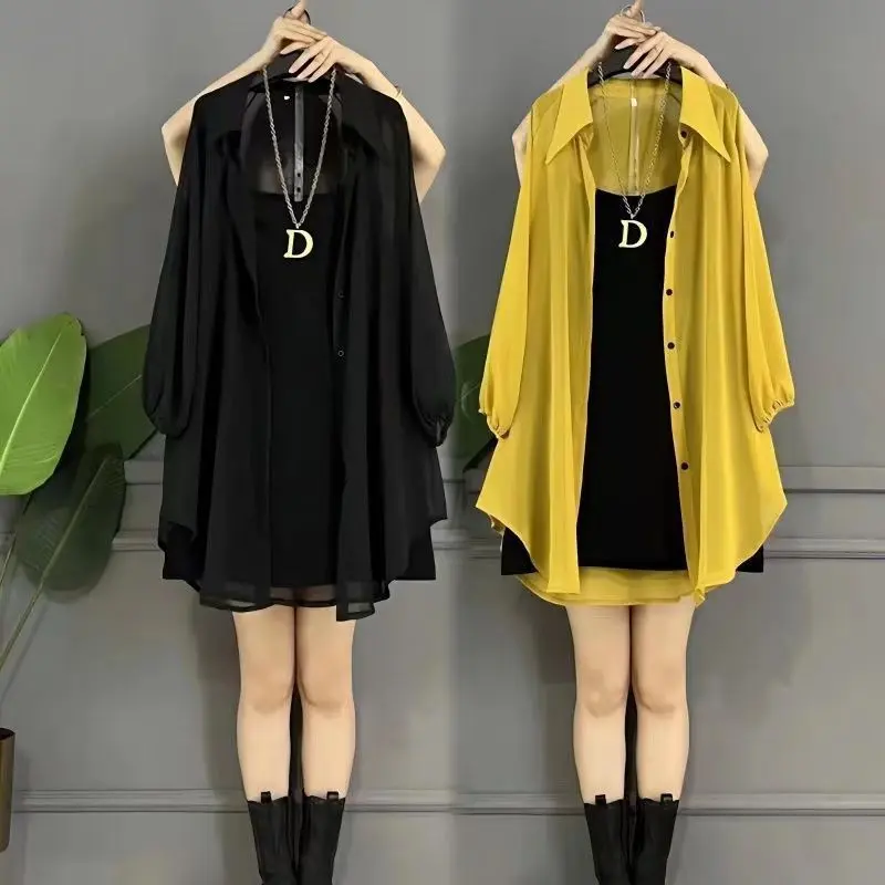 Plus size plump girls fit fashion suit women's mid-length  shirt suspender dress top two-piece set