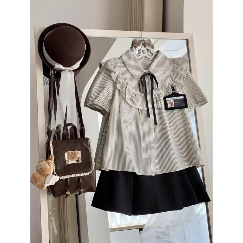 Set áo babydoll sọc phối chân váy tennis