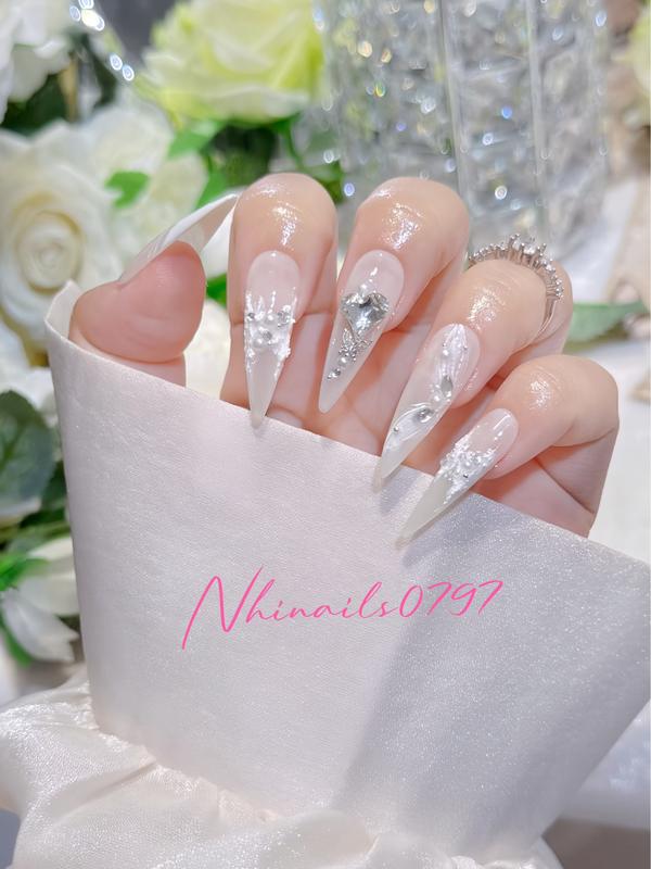  N157 bộ 10 chiếc nails box thủ công thiết kế màu thạch sữa chua đính đá phối vẽ nổi lấp lánh làm nails cô dâu  sử dựng đi tiệc  làm nails nữ 