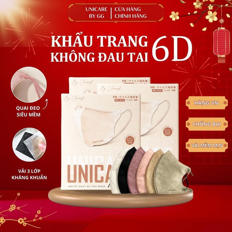 SALE ĐÓN TẾT Combo 100 Chiếc Khẩu Trang 6D Pro Mask Unicare Phù hợp Nam Nữ Dây Đeo Co Giãn Chất Mềm Mại Chống bụi Chống nước Chống tia UV Mix màu trendyPhụ Kiện