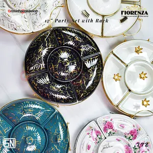 Fiorenza - Prasmanan Putar Keramik Set Wadah Saji Mewah Estetik | Motif Marble Linning Gold Bunga 772