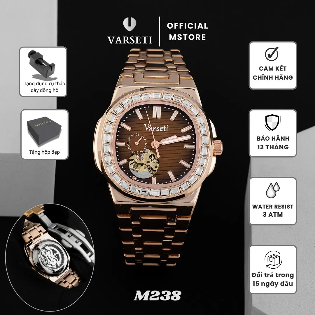[MSSTORE AFF] Đồng Hồ Nam Varseti Automatic Dây Kim Loại viền benzel đính đá sang trọng, có lộ cơ cao cấp chống nước 3ATM