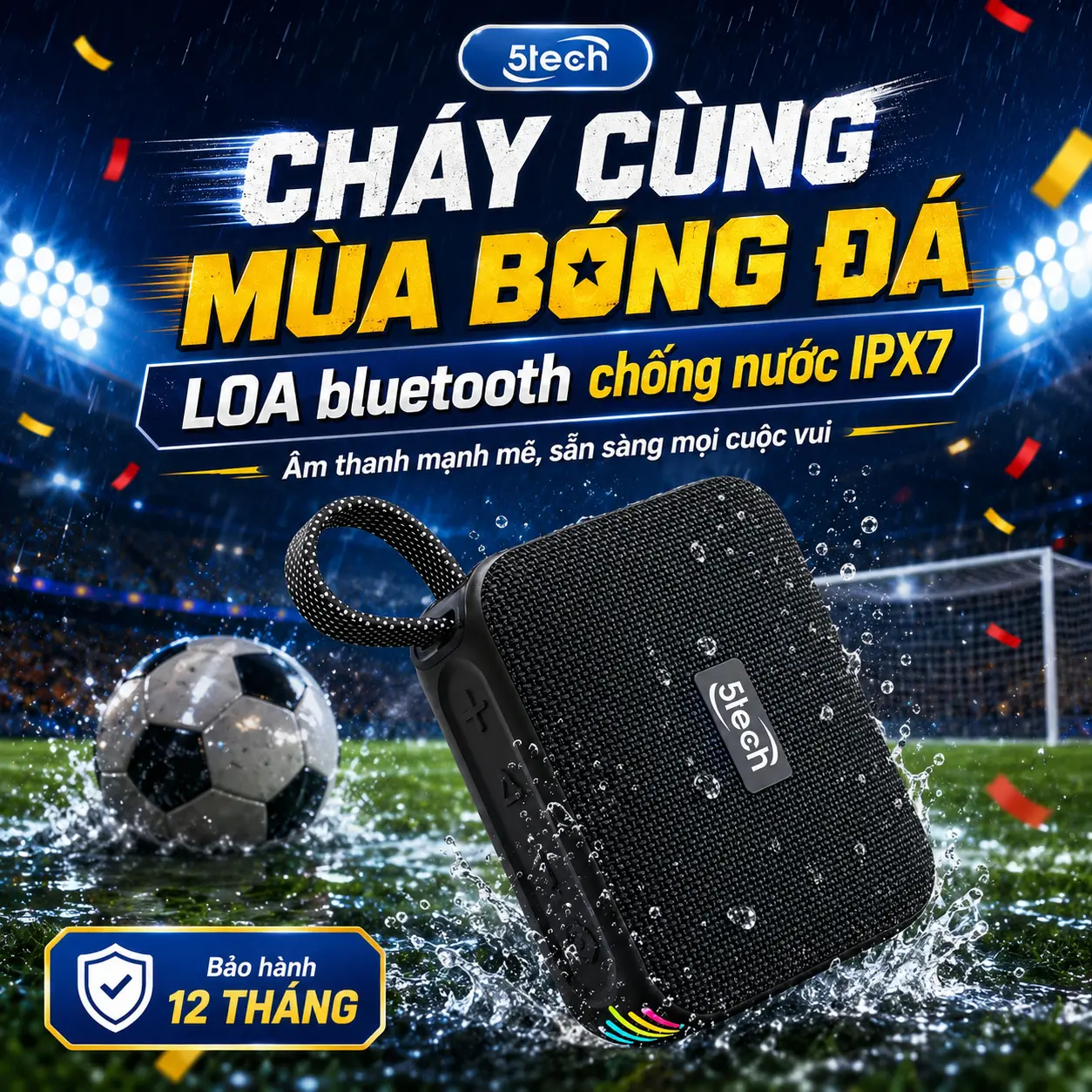 Loa Bluetooth Mini 5TECH BS9 Kháng Nước IPX7, Âm Thanh Lớn, Pin 4 Giờ, Kết Nối 2 Loa TWS, khe cắm thẻ nhớ