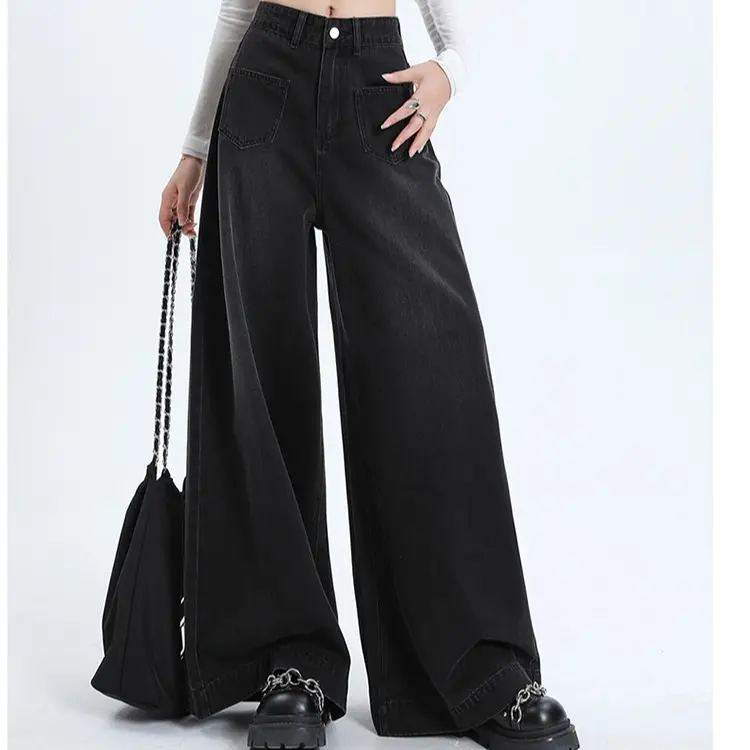 JEANSHIGHWAIST- Celana kulot jeans highwaist retro wanita dua waist kantong depan jins Panjang Cewek dua Denim A-line pants skena premium import baggy outfits fading gombrong straight remaja xl biru vintage lulu chic wide leg ootd cute Casual yoyo Loose 7