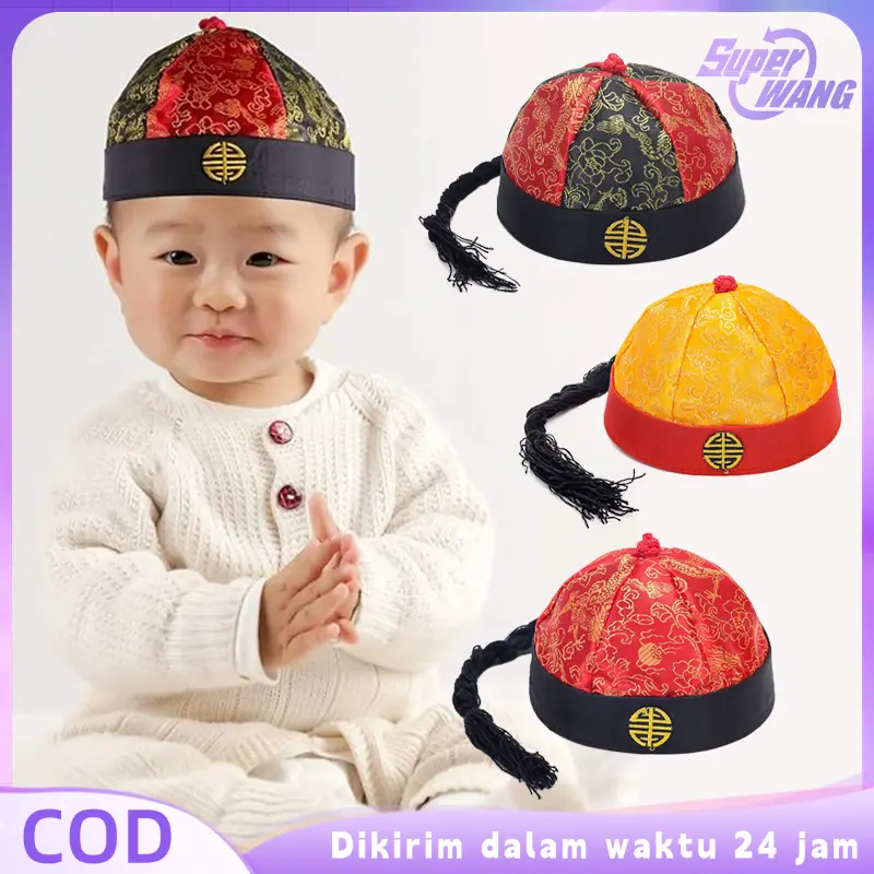 Topi Imlek China Topi Ekor Rambut Topi Tradisional China Topi Cheongsam Ada Ekor Rambut Anak Dan Dewasa