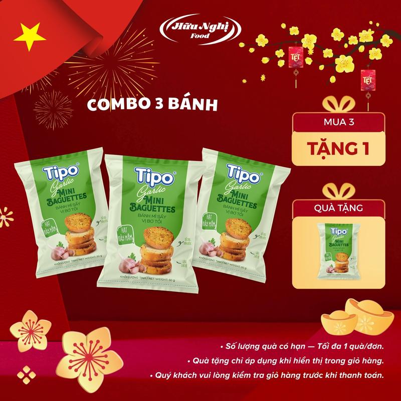 COMBO 3 Bánh Mì Sấy Bơ Tỏi Tipo 50g Hữu Nghị Food dinh dưỡng ngon giòn ăn vặt tiện lợi