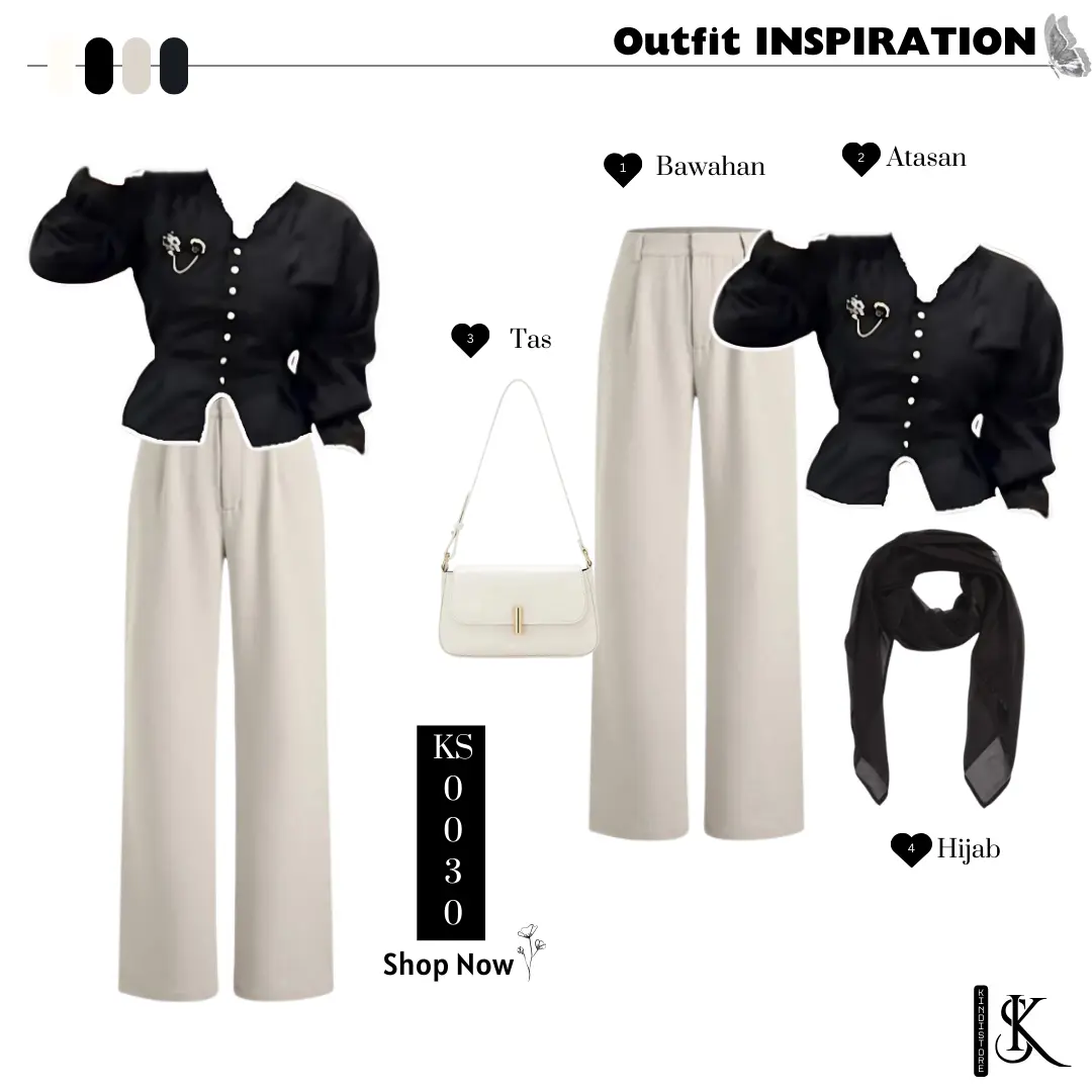 One set wanita kekinian 4in1 blouse hitam + celana kulot + tas wanita + hijab bella square KS0030
