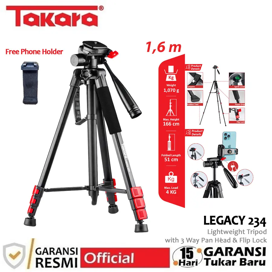 Takara LEGACY 234 Lightweight Tripod Fluid Head for Camera Smartphone Aksesoris Kamera Holder