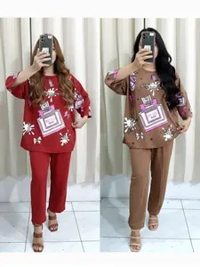 Setelan Wanita Dewasa Motif PARFUM Lengan 7/8 Celana Panjang Perempuan Bagus Murah Bahan Kaos Sun Creepe Size M L XL XXL