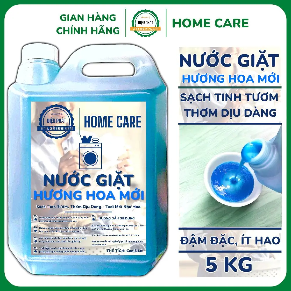 Nước Giặt Diệu Phát Hương Hoa Mới Can 5Kg - Làm Sạch Vết Bẩn, Làm Mềm Vải