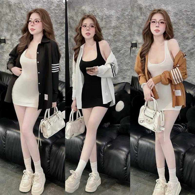 Sét đồ nữ đầm 3 lỗ dáng ngắn kèm áo khoác sơ mi tay dài sọc.HOTREND