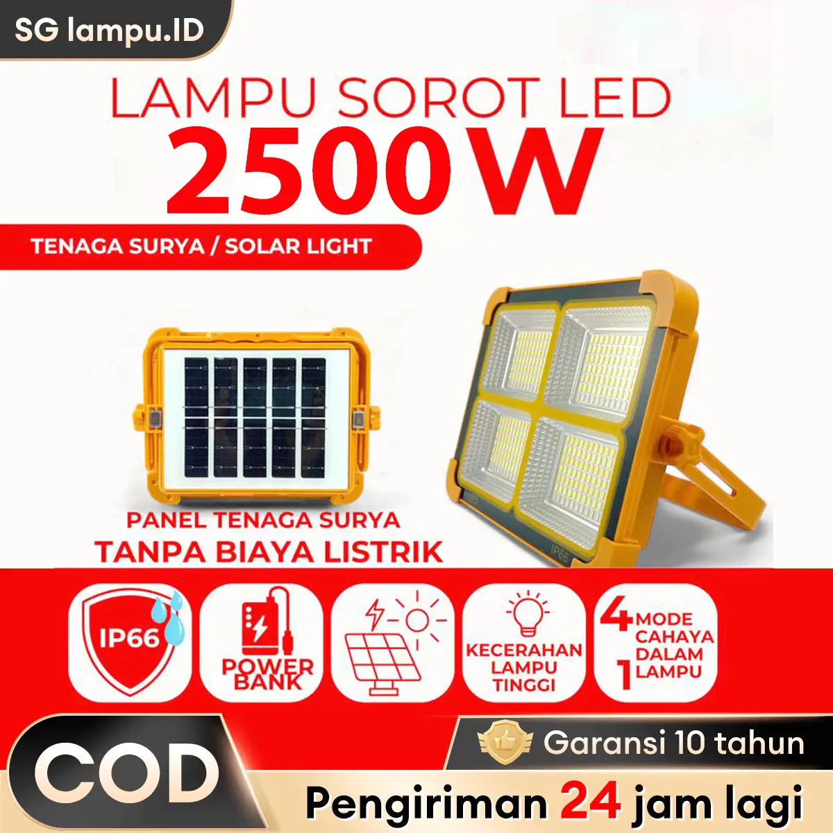 【Garansi 10 tahun】Lampu Sorot 2500W Tenaga Surya / Solar Powered Gantung Camping Tenda Floodlight Matahari Panel Cell IP66 Outdoor Portable Lampu tangan multifungsi untuk berkemah, pencahayaan aman, desain tahan air, pencahayaan luar ruangan