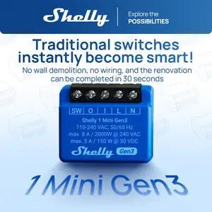 Shelly 1 Mini Gen3 WiFi Smart Relay Switch with Potential-Free Contacts 1 Channel 8A Light Control and Garage Door Opener Alexa and Google Home No Hub Required