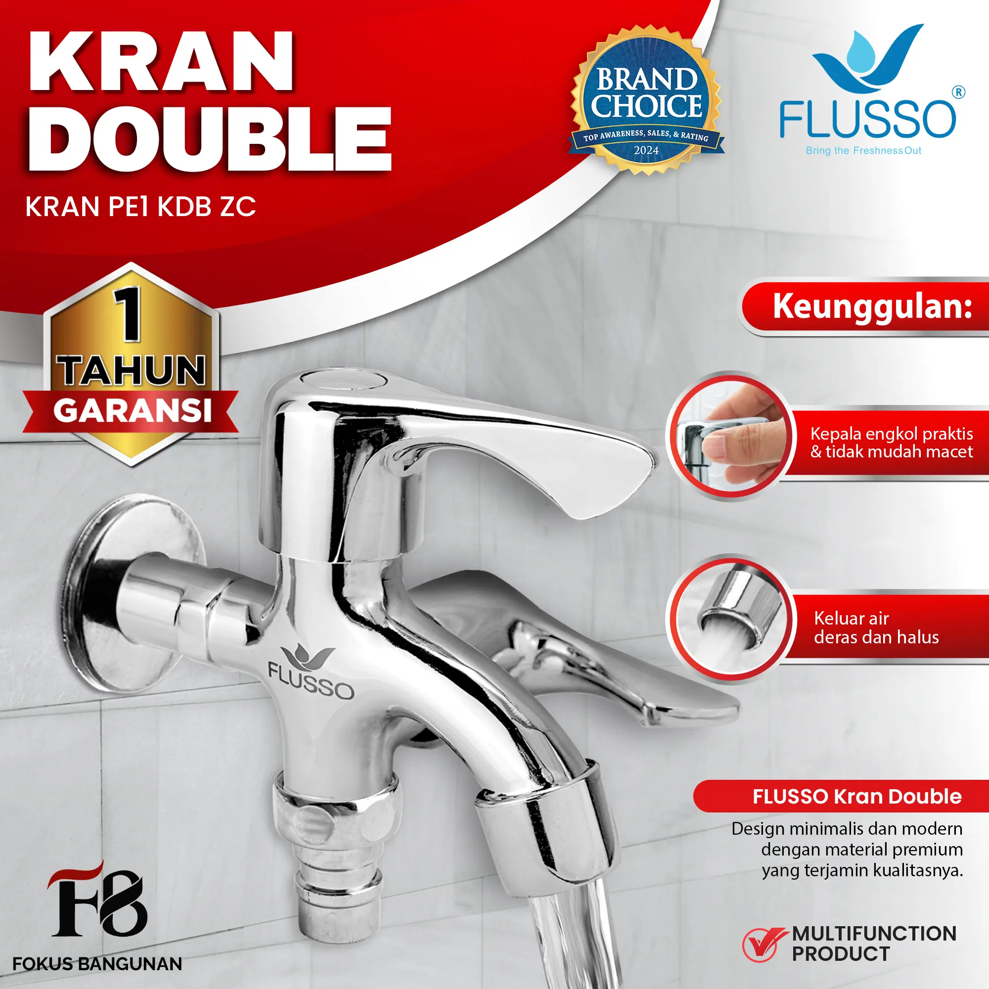FLUSSO Kran Cabang | Keran Shower Cabang 2 Kran Double Kamar Mandi drat 1/2 I 595