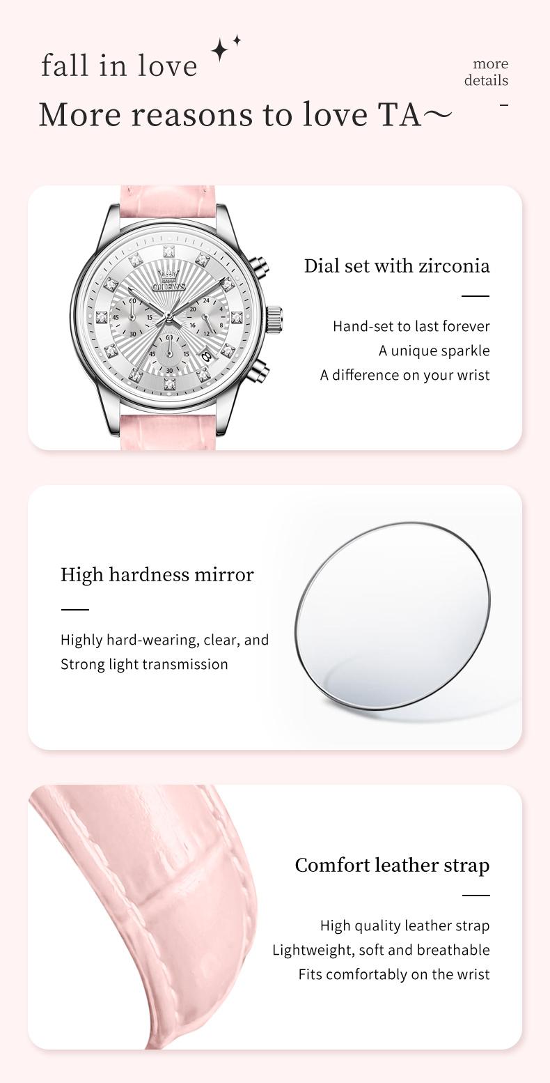 Product Introduction of OLEVS Original Quartz Watch for Women Mother's Day Gift Waterproof Chronograph Leather Strap Calendar Korean Style Fashion Stainless Steel Ladies Wristwatch Box 3669 27